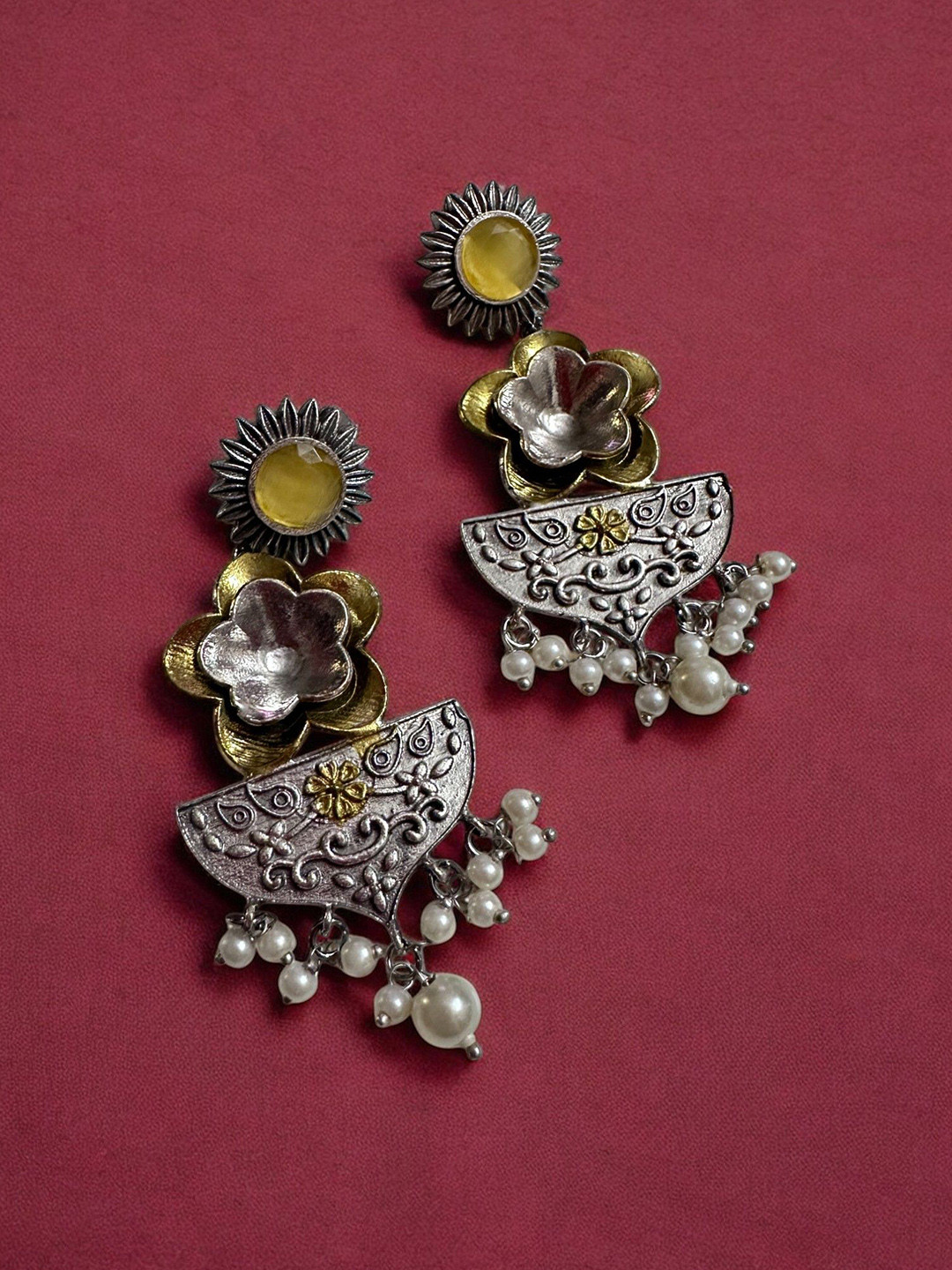 Anouk German Silver-Plated Artificial Beaded Contemporary Dangling Drop Earrings