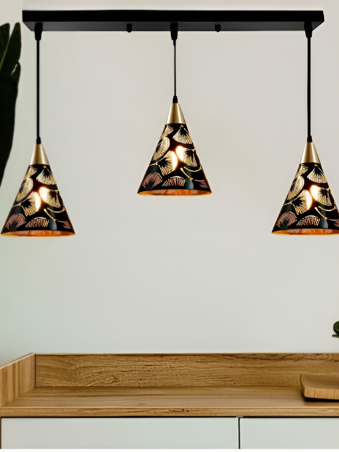 KINIS Black & Gold Toned Printed Aluminium Triangle Shaped Ceiling Lamp