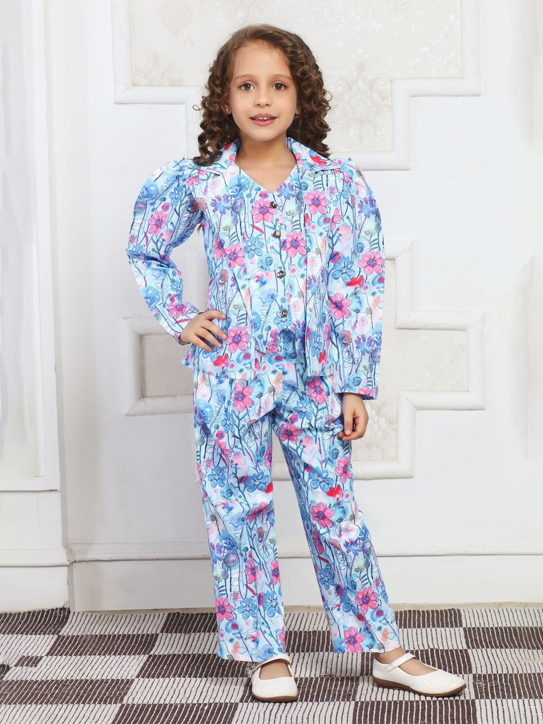 Lei-Chie Girls Printed Linen Blazer With Trousers & Waistcoat
