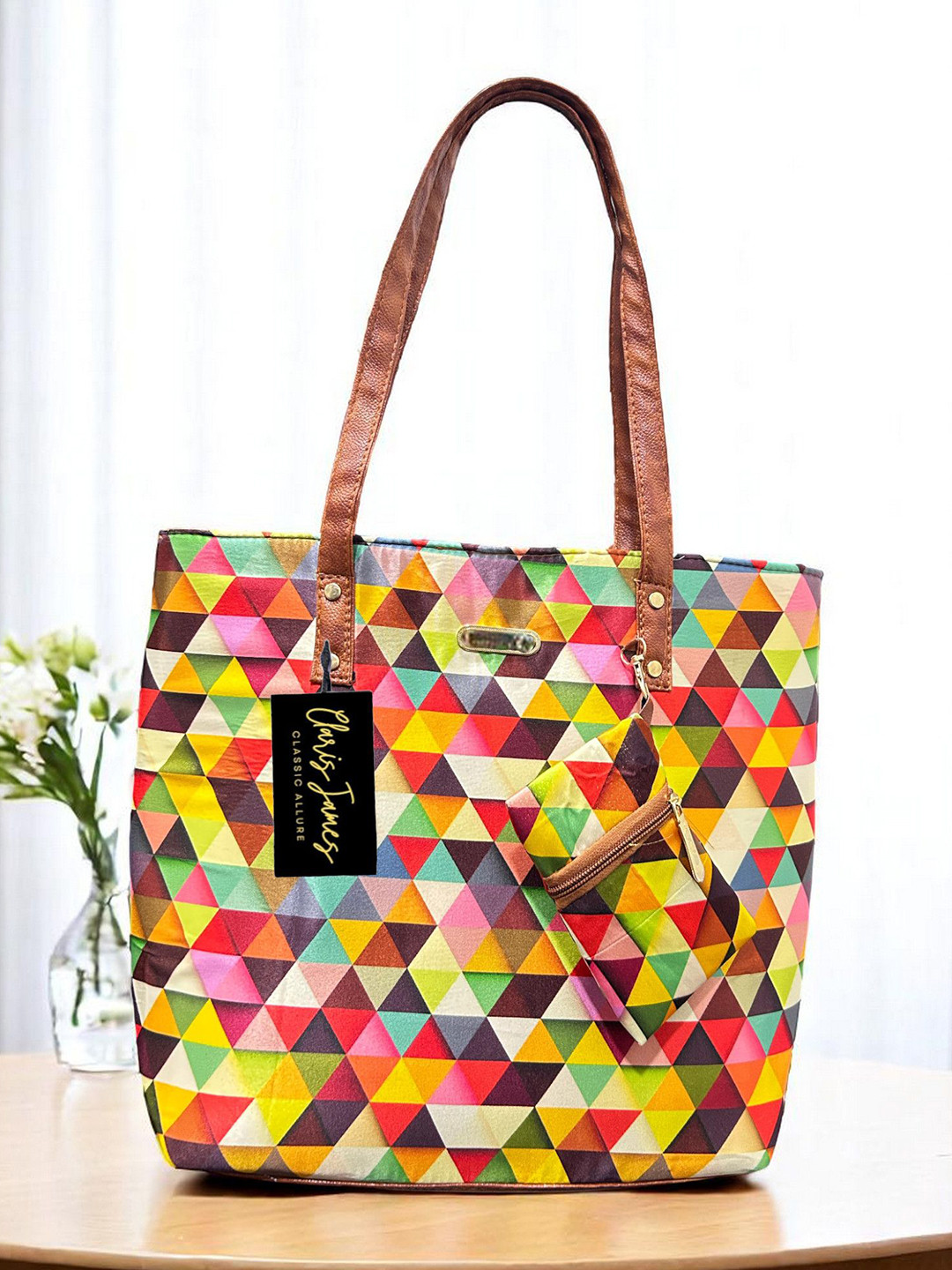 CLARIS JAMES Geometric Printed PU Rainbow Tote Bag