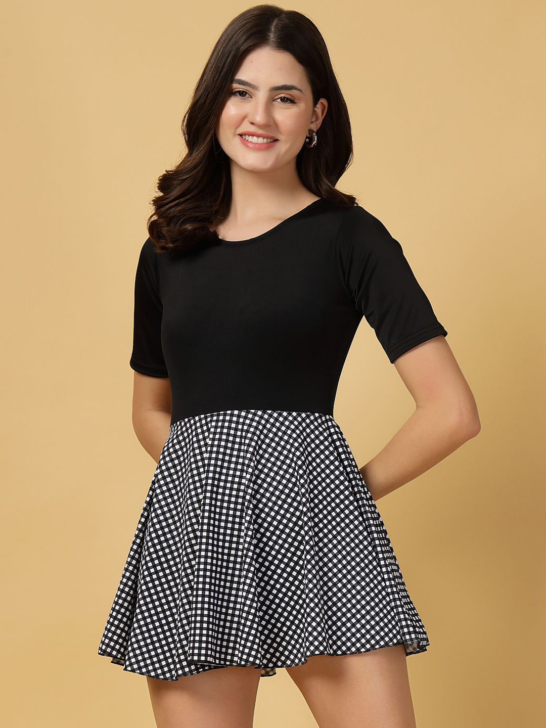 CUKOO Checked Round Neck Swimming Dress