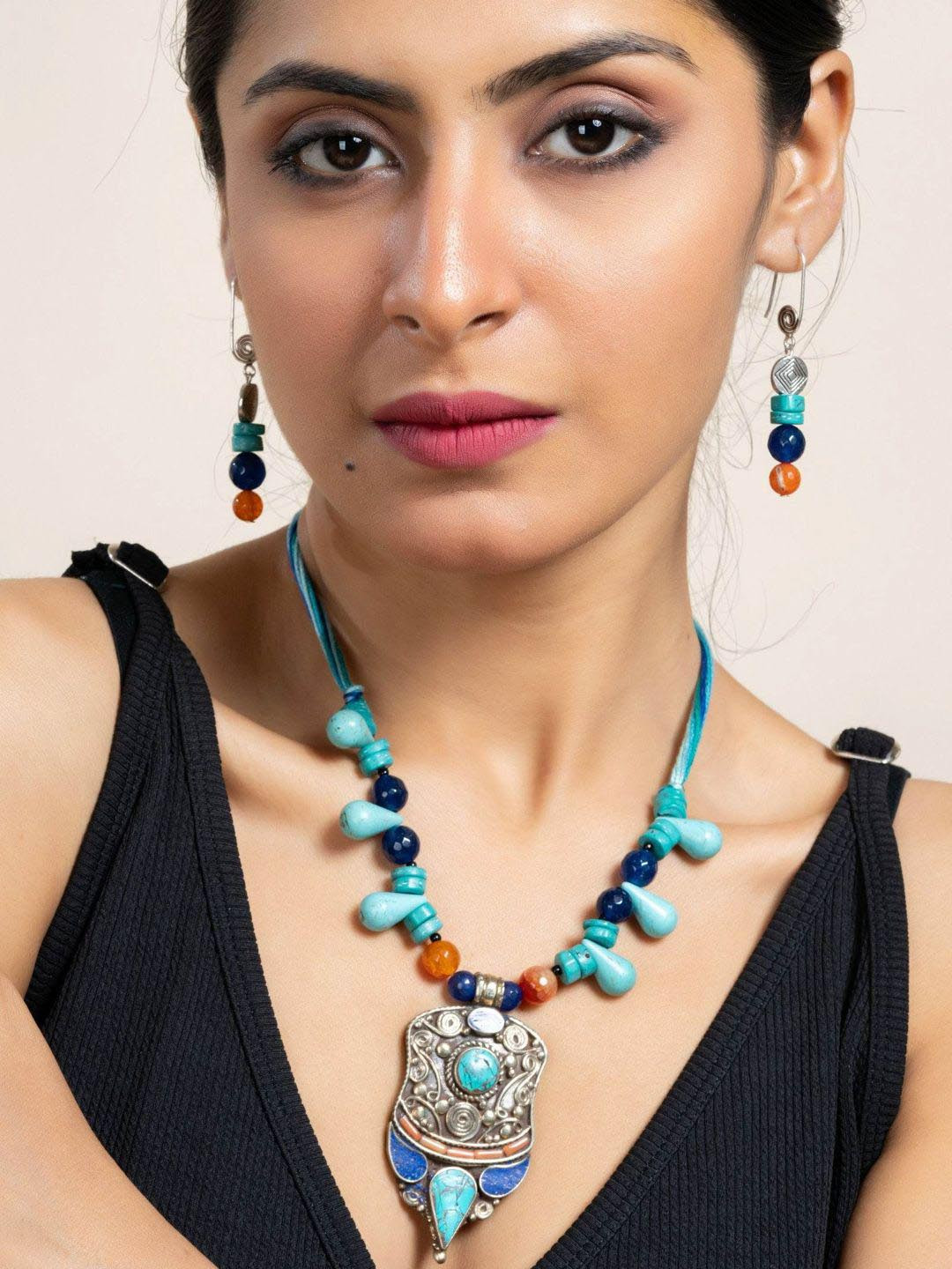 Look and Adorn Turquoise Tibetan Pendant Necklace Set with Earrings