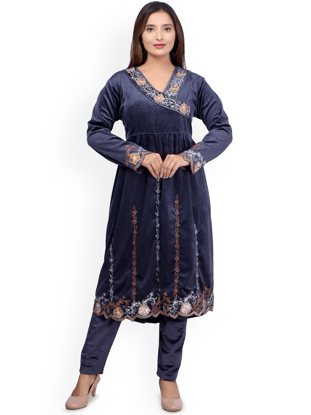 WOOL 4U Floral Embroidered Thread Work Velvet Angrakha Kurta with Trousers