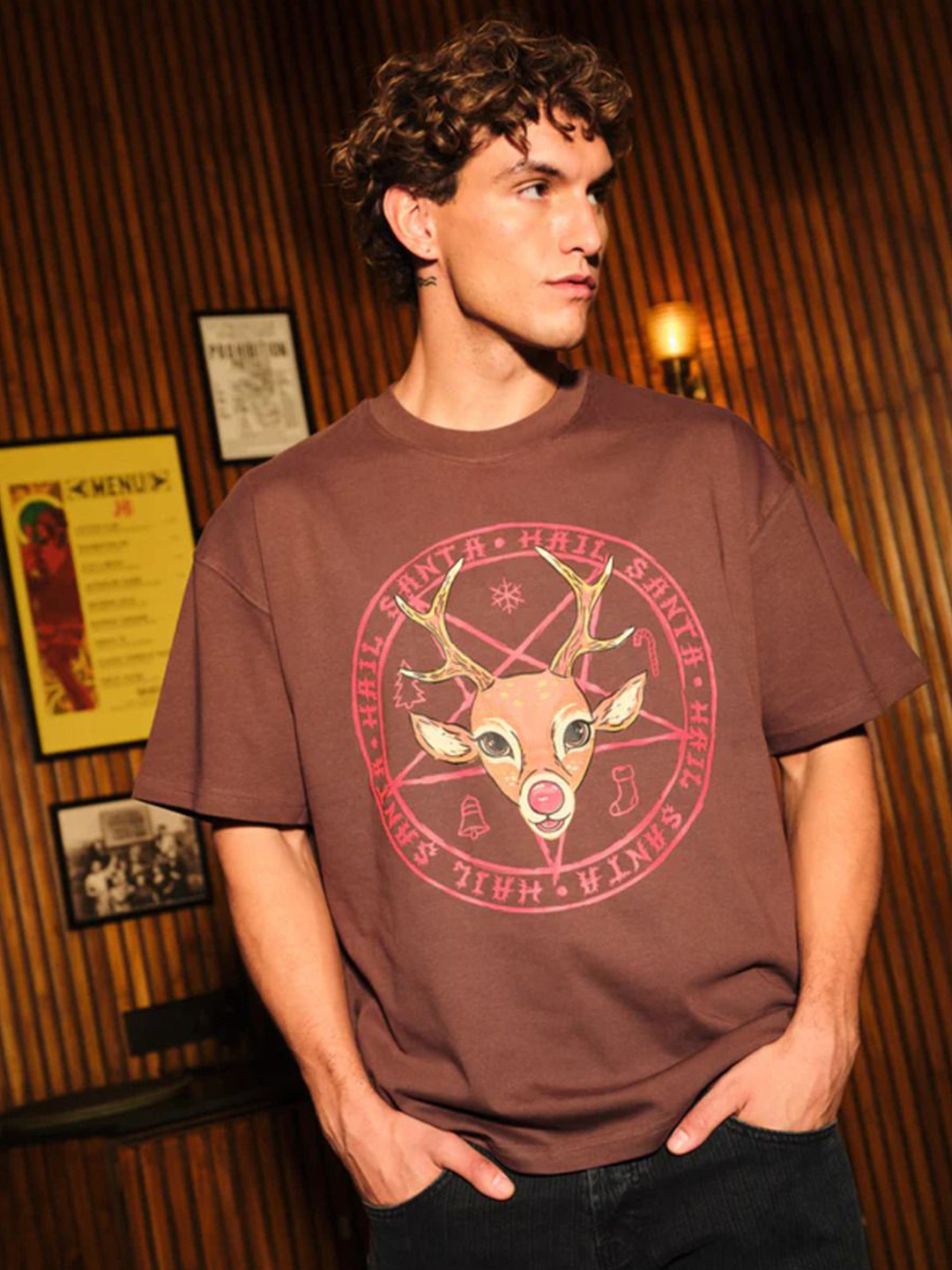 Bonkers Corner Men Graphic Hail Santa Printed Cotton Oversized T-shirt