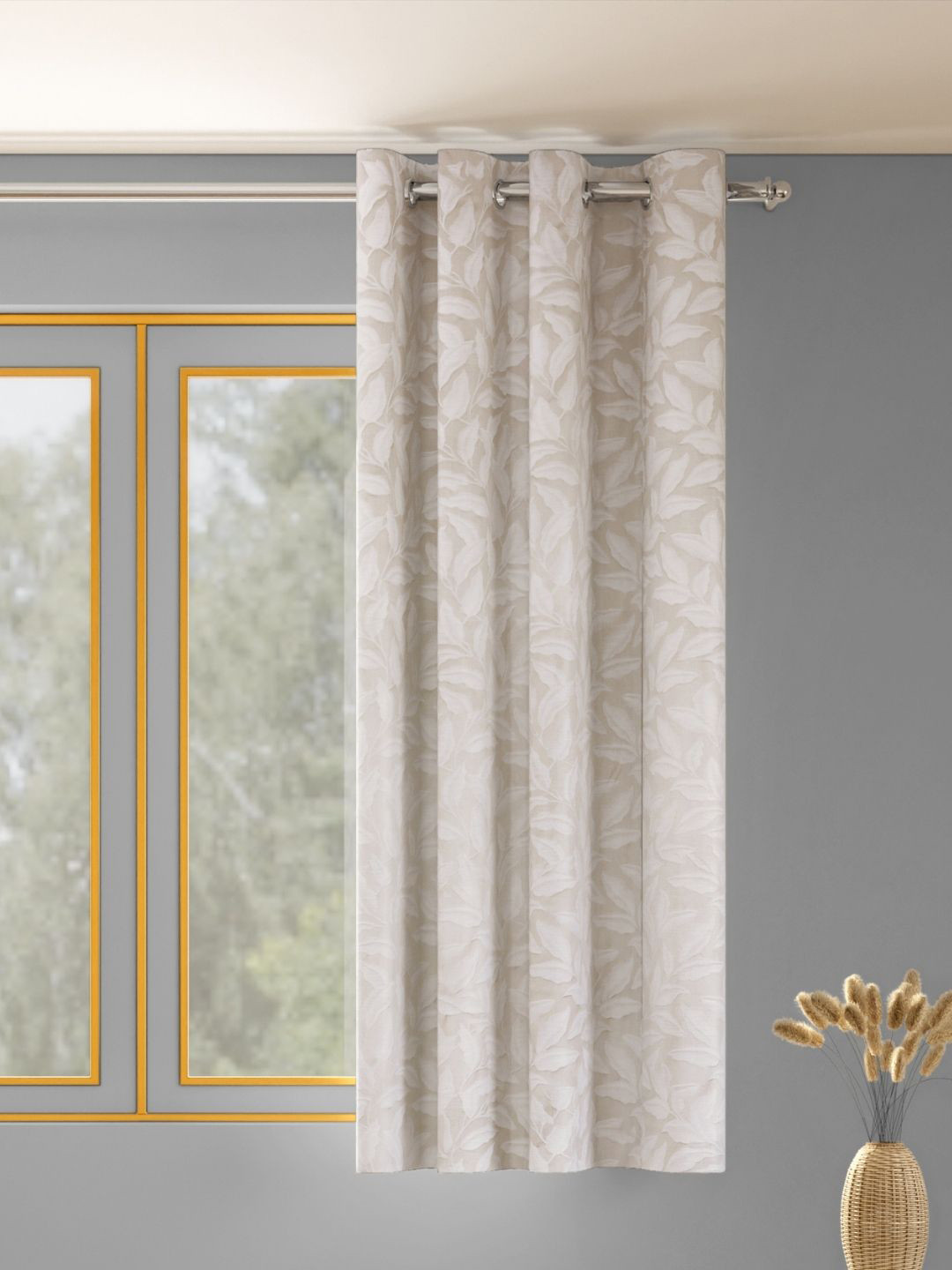 haus & kinder Botanic Hush Off White & Grey Floral Printed Room Darkening Window Curtain