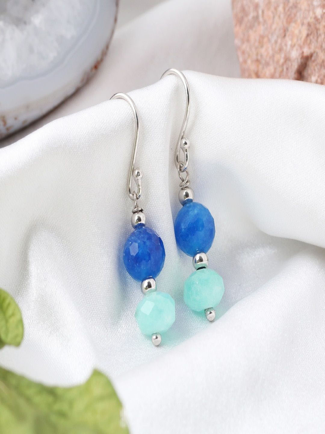 Nirvana Sterling Silver Rhodium-Plated Quartz Beaded Spherical Shaped Drop Earrings