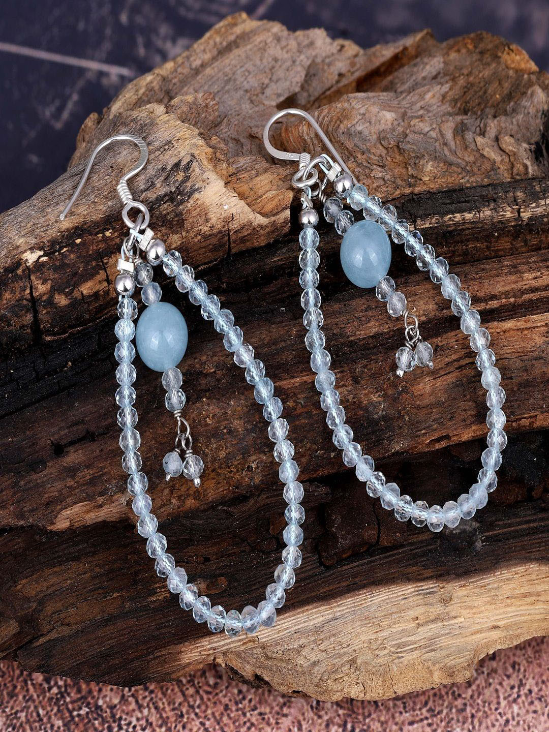 Nirvana 925 Sterling Silver Rhodium Plated Aquamarine Beaded Teardrop Shaped Drop Earrings