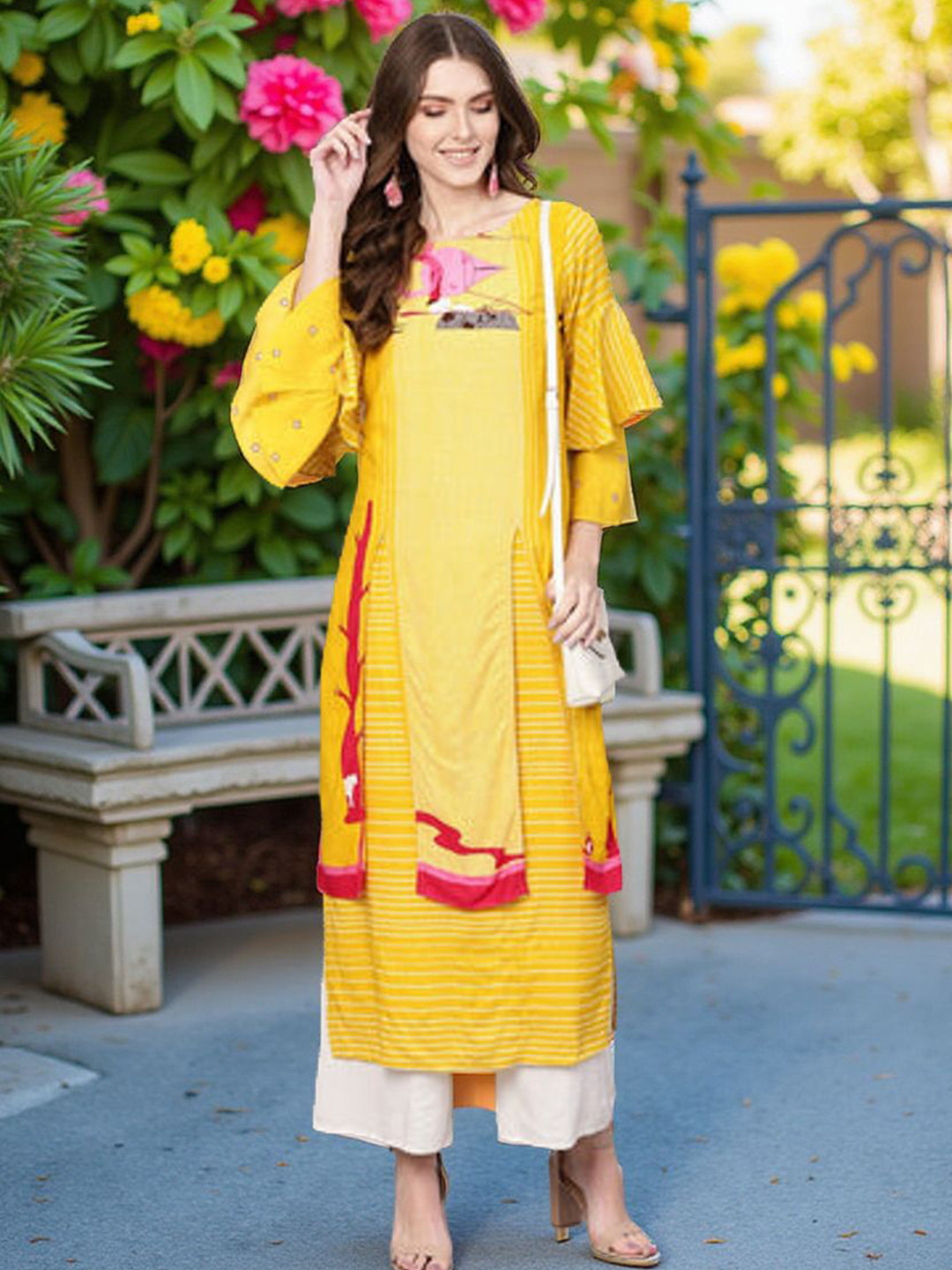 Pannkh Flamingo Printed Round Neck Flared Sleeves Double Layered A-Line Kurta