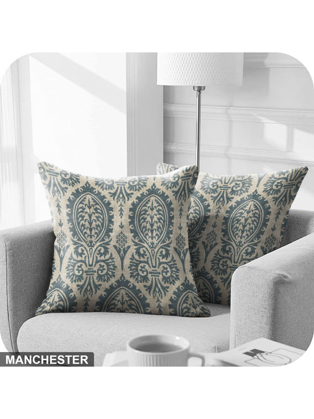 Aura Manchester Blue Ethnic Motifs Polyester Washable 2 Pcs Square Cushion Covers -18x18In