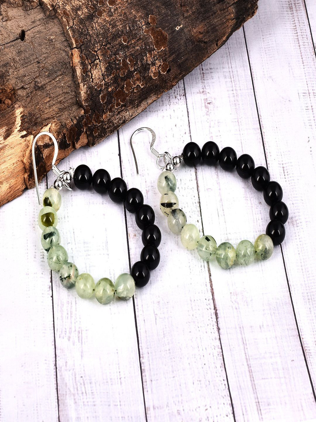 Nirvana 925 Sterling Silver Rhodium Plated Onyx and Prehnite Beaded Circular Drop Earrings