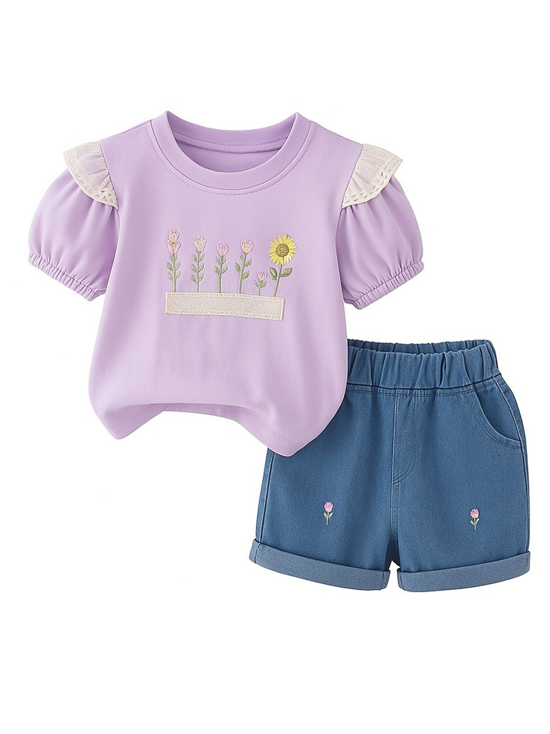 POP STREET KIDS Girls Embroidered Short Sleeves T-shirt With Shorts