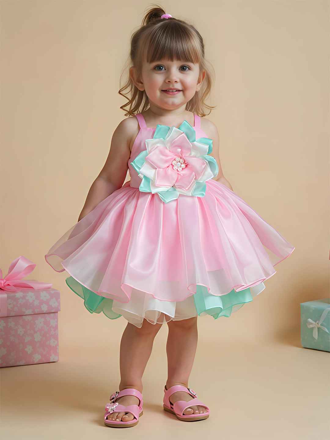 PINK LEAF Girls Embellished Bow Balloon Dress