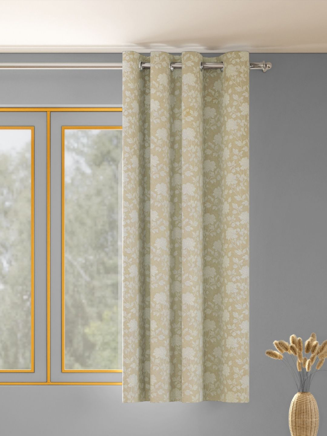 haus & kinder Chateau Rose Off White & Yellow Floral Printed Room Darkening Window Curtain