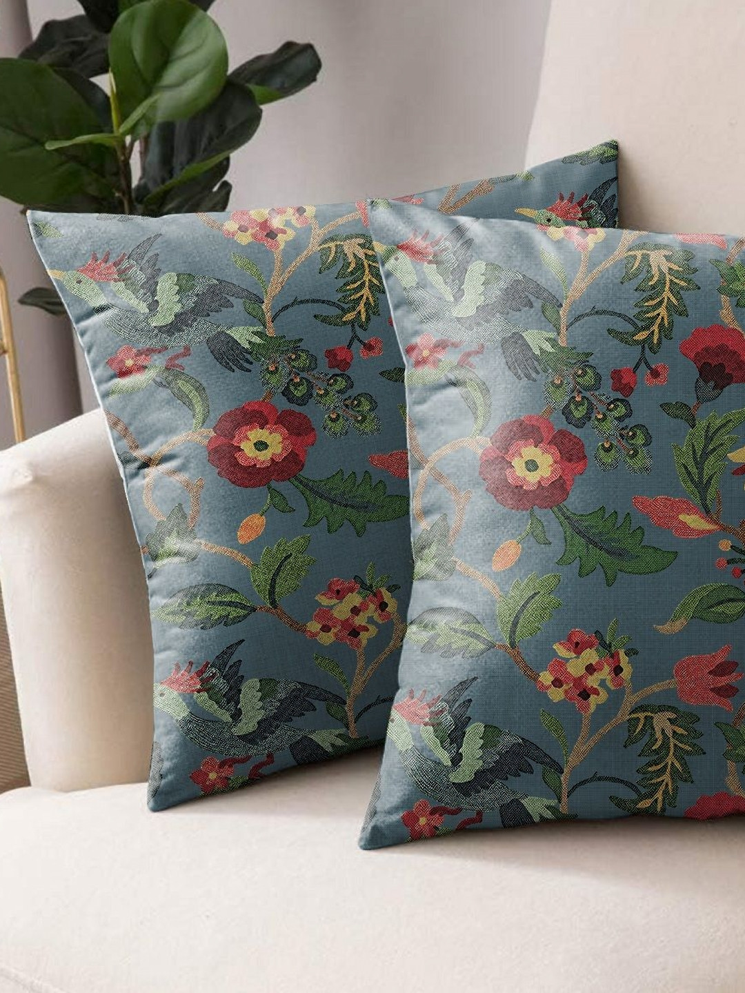 Aura Premium Cabal Teal Floral Polyester Washable 2 Piece Square Cushion Covers -16x16In