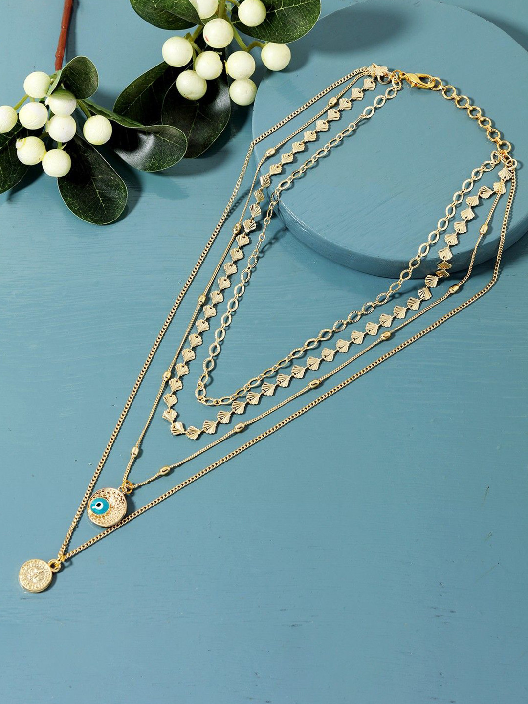 DressBerry Gold-Plated Evil Eye & Coin Layered Minimal Chain