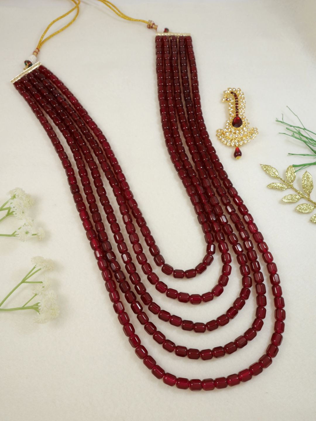 I Jewels Men Artificial Stones Studded & Beaded Layered Necklace With Safa Kalangi Brooch