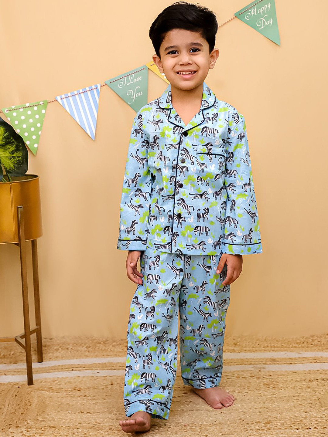 UNBIND Boys Animal Graphic Printed Lapel Collar Night suit