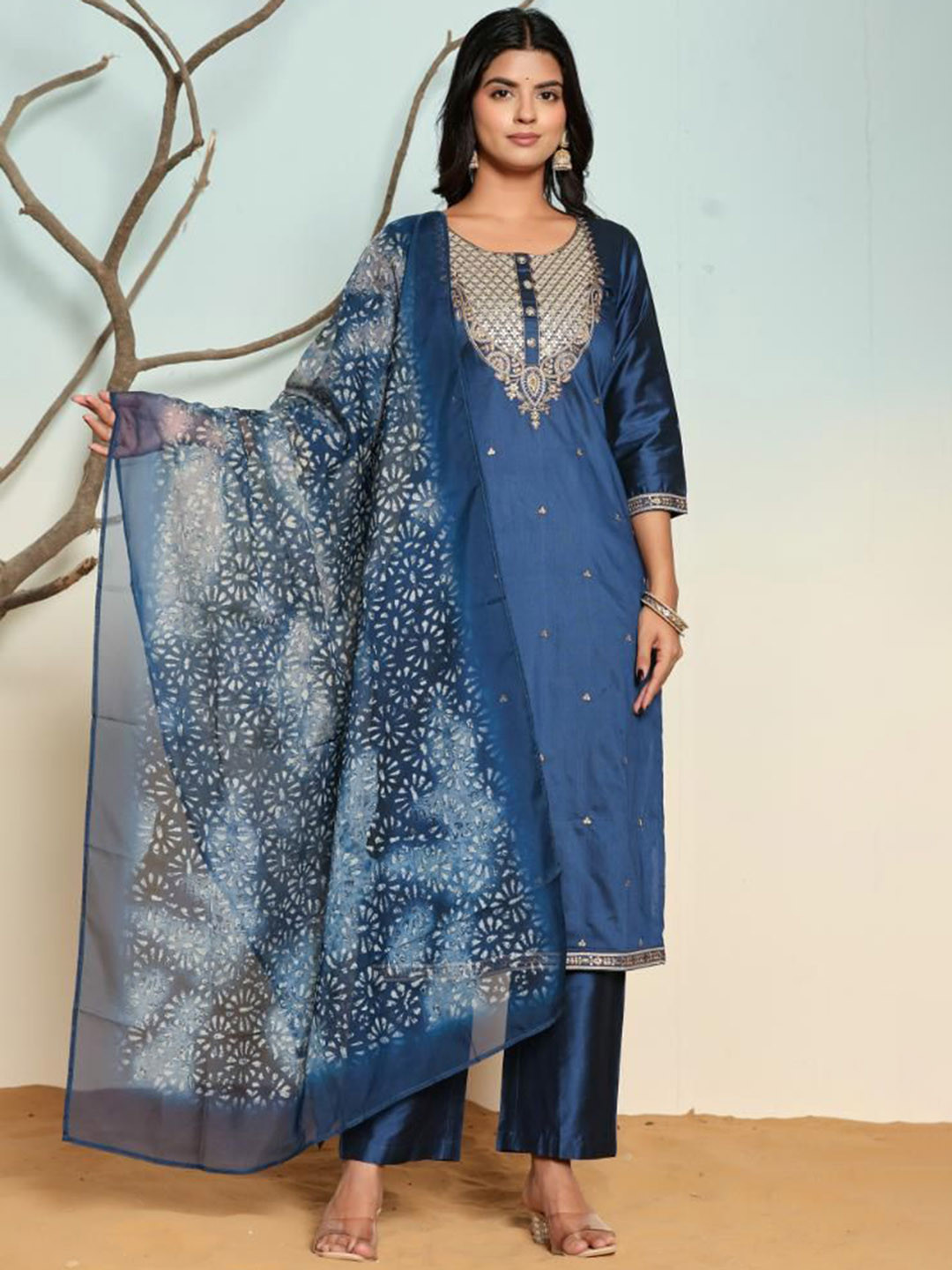 SUAAC Floral Embroidered Round Neck Silk Blend Kurta With Trousers & Dupatta