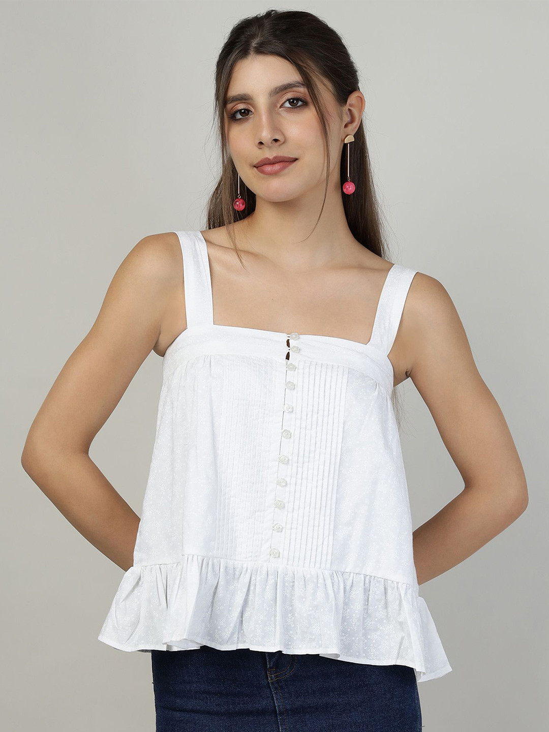 Sands of India Self Design Shoulder Straps Sleeveless Cotton Top