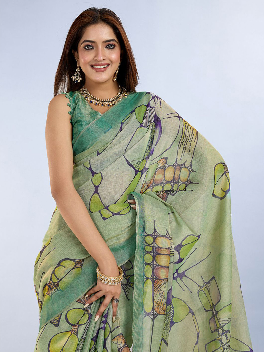 PAMPER YOURSELF Printed Zari Detail Tissue Saree with Blouse Piece