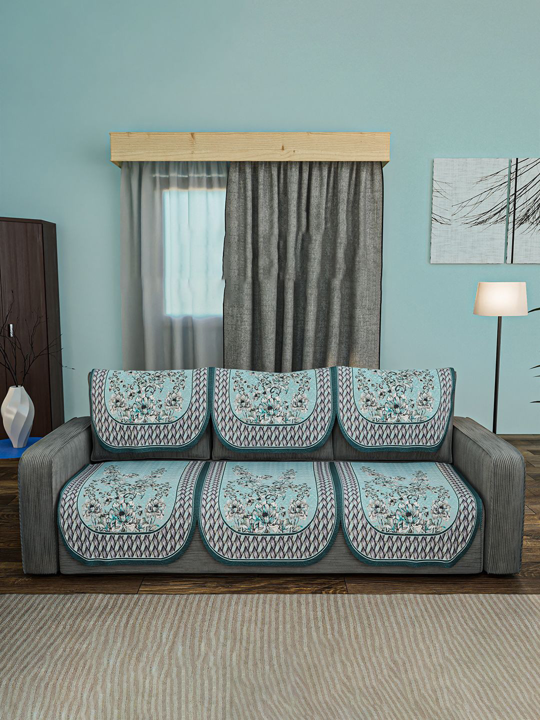 Kuber Industries Blue & White 6 Pcs Printed 3 Seater Cotton Sofa Cover