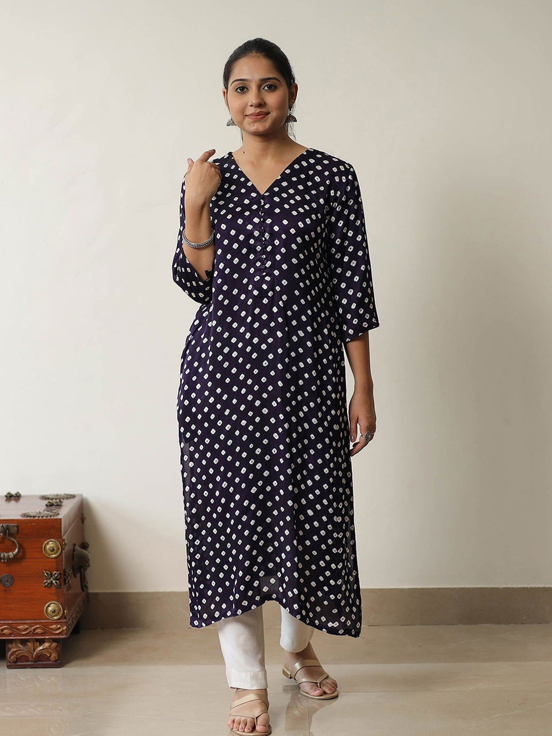 iTokri Geometric Printed V-Neck Pure Modal A-Line Kurta