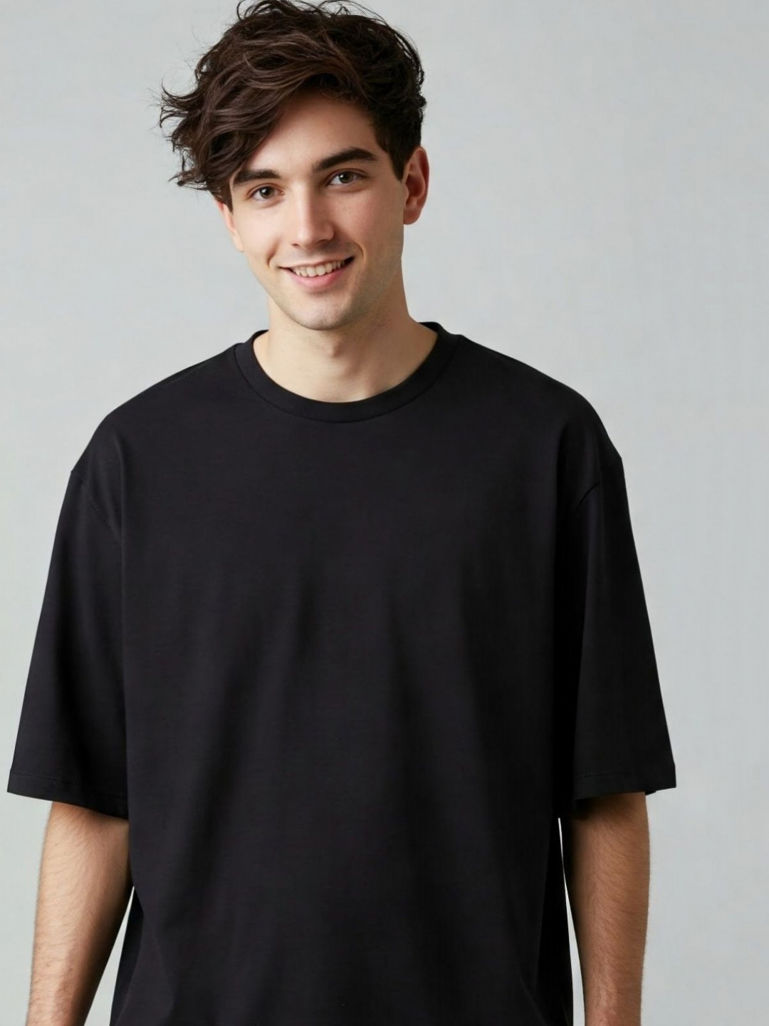 SMAN Black Round Neck Oversized Cotton T-shirt