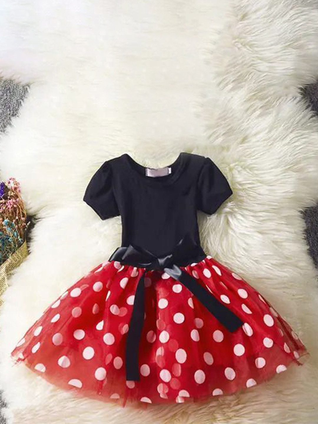 Hikuj Girls Polka Dot Puff Sleeve Net Balloon Dress