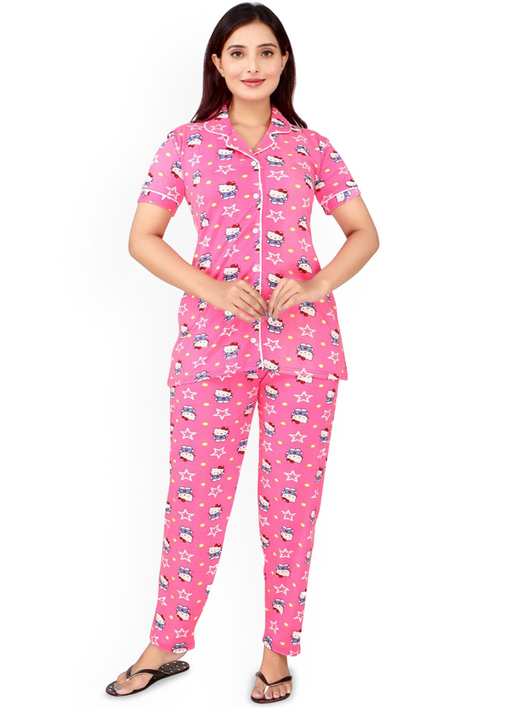 WOOL 4U Women Slip-On Lapel Coller Printed Night suit