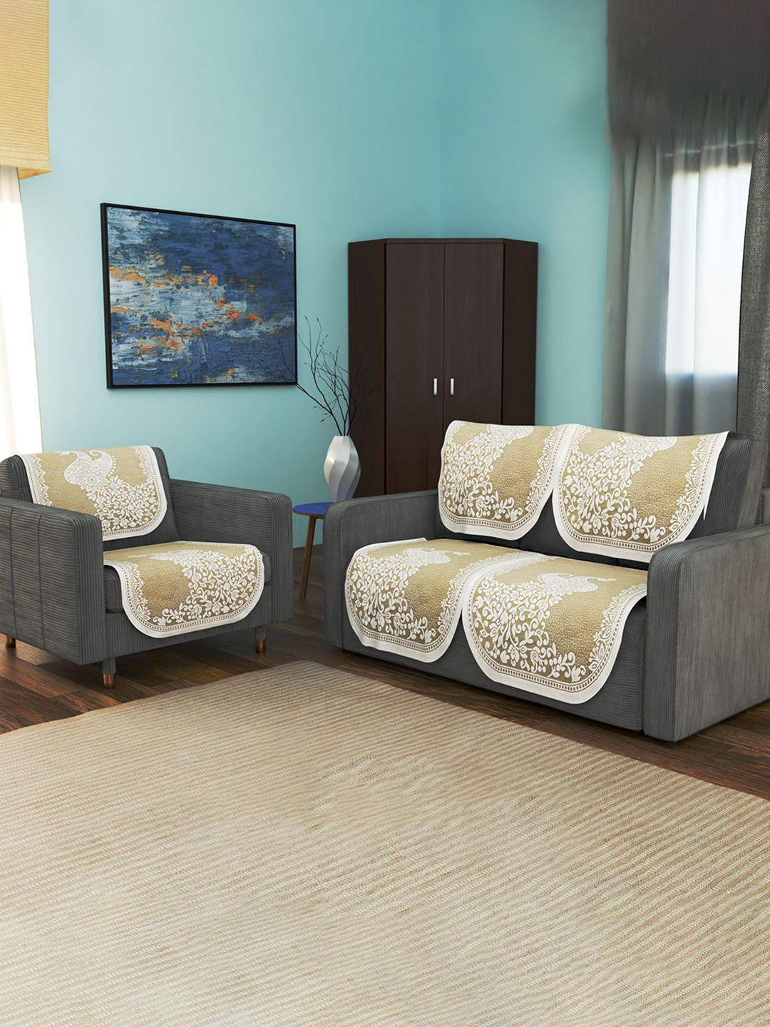 Kuber Industries Cream-Coloured & White Cotton Sofa Cover