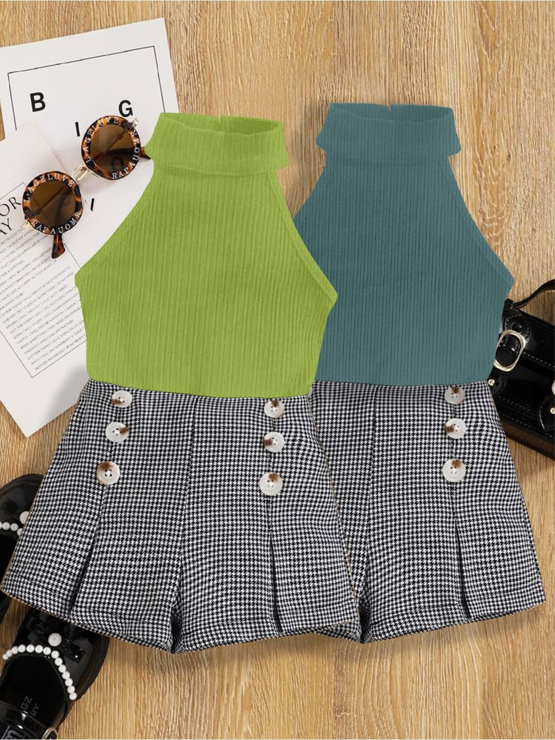 DEL LUNA Girls Pack Of 2 Casual Top And Short High Neck Clothing Set