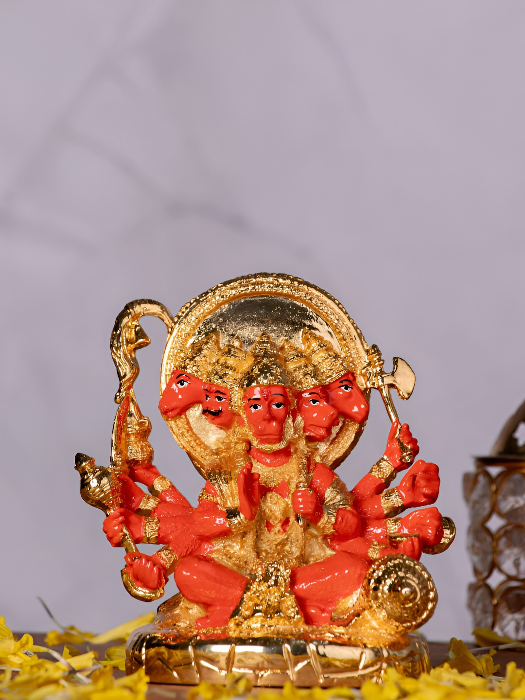 HOUSE OF WEMY Panchmukhi Hanuman Orange Polyresin Matte Prayer Room Small Showpiece -