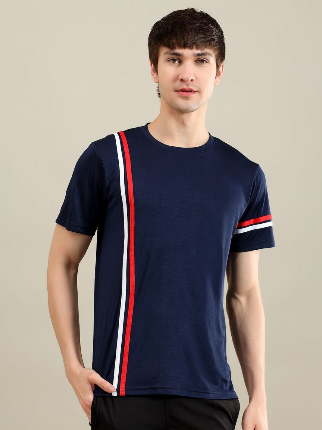 bearbrother Vertical Striped Round Neck Dri-Fit Technology T-shirt