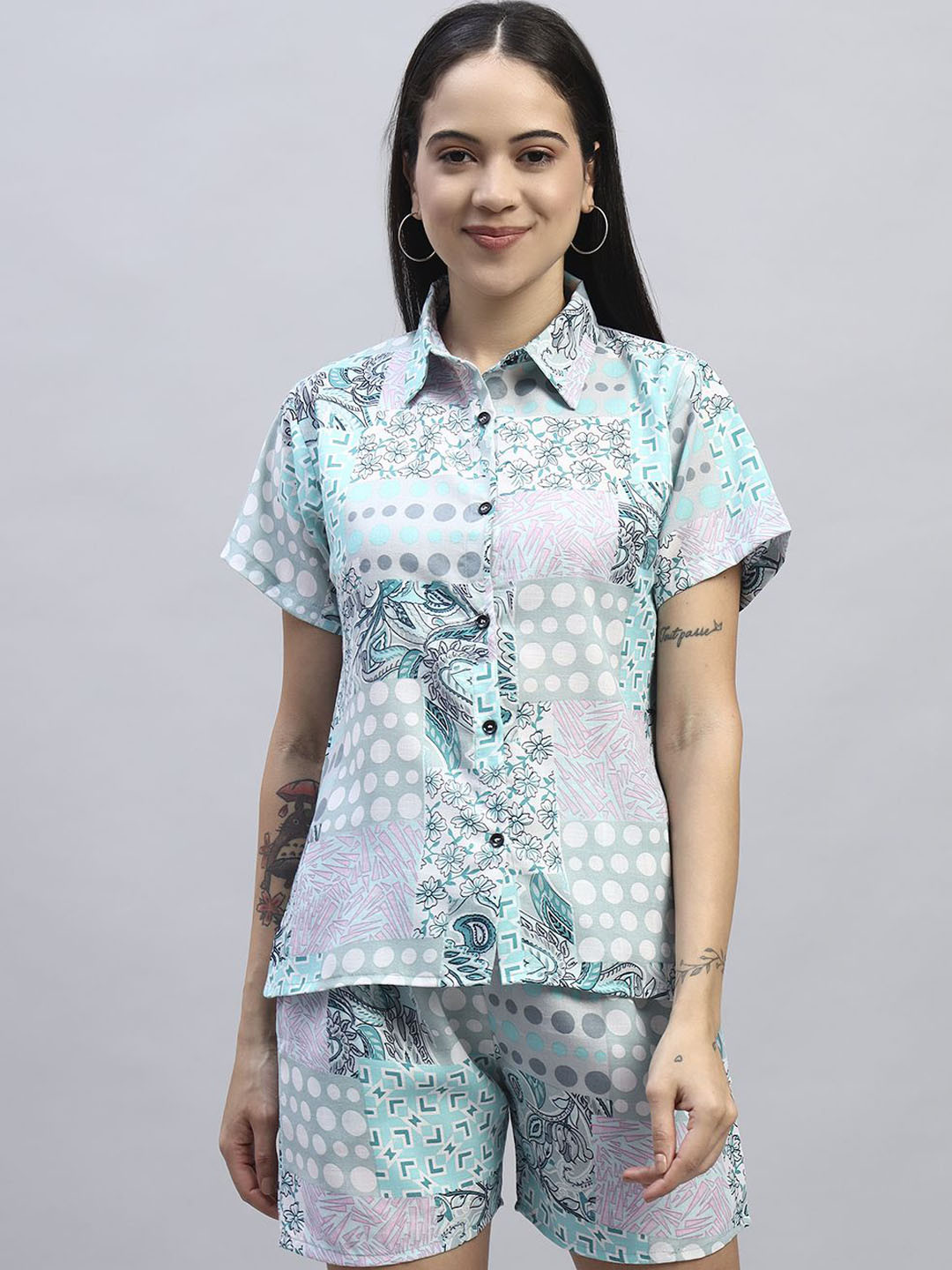 ROSEMELON Printed Shirt Collar Shirt With Shorts Co-Ords