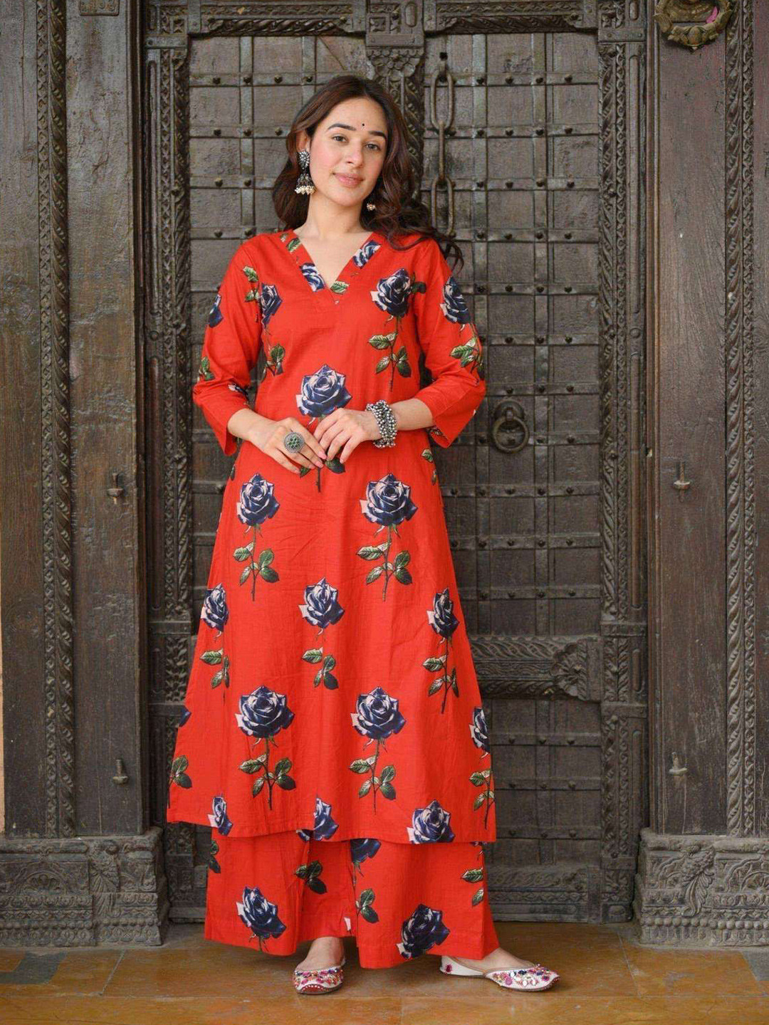 DIMPLE DESIGN STUDIO Women Rose Cotton A-line Suitset