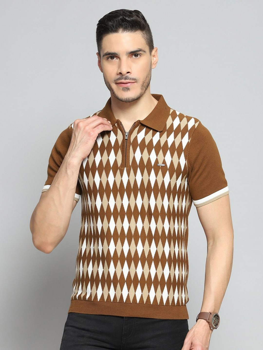 Cloak & Decker Self Design Abstract Polo Collar Pockets T-shirt