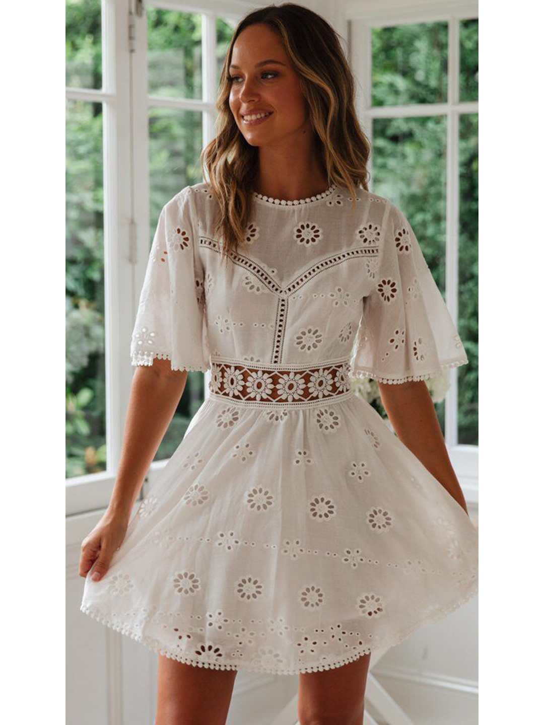 bebe White Eyelet Lace Flutter Sleeve Cutout Waist Fit & Flare Mini Dress