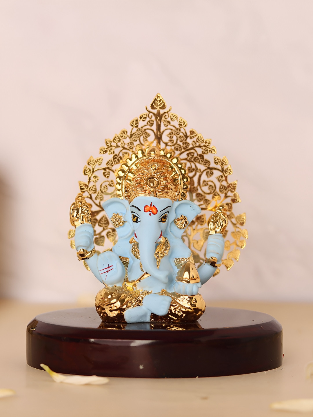 HOUSE OF WEMY Ganesha with Kalpavriksha Blue Polyresin Matte Prayer Room Small Showpiece -