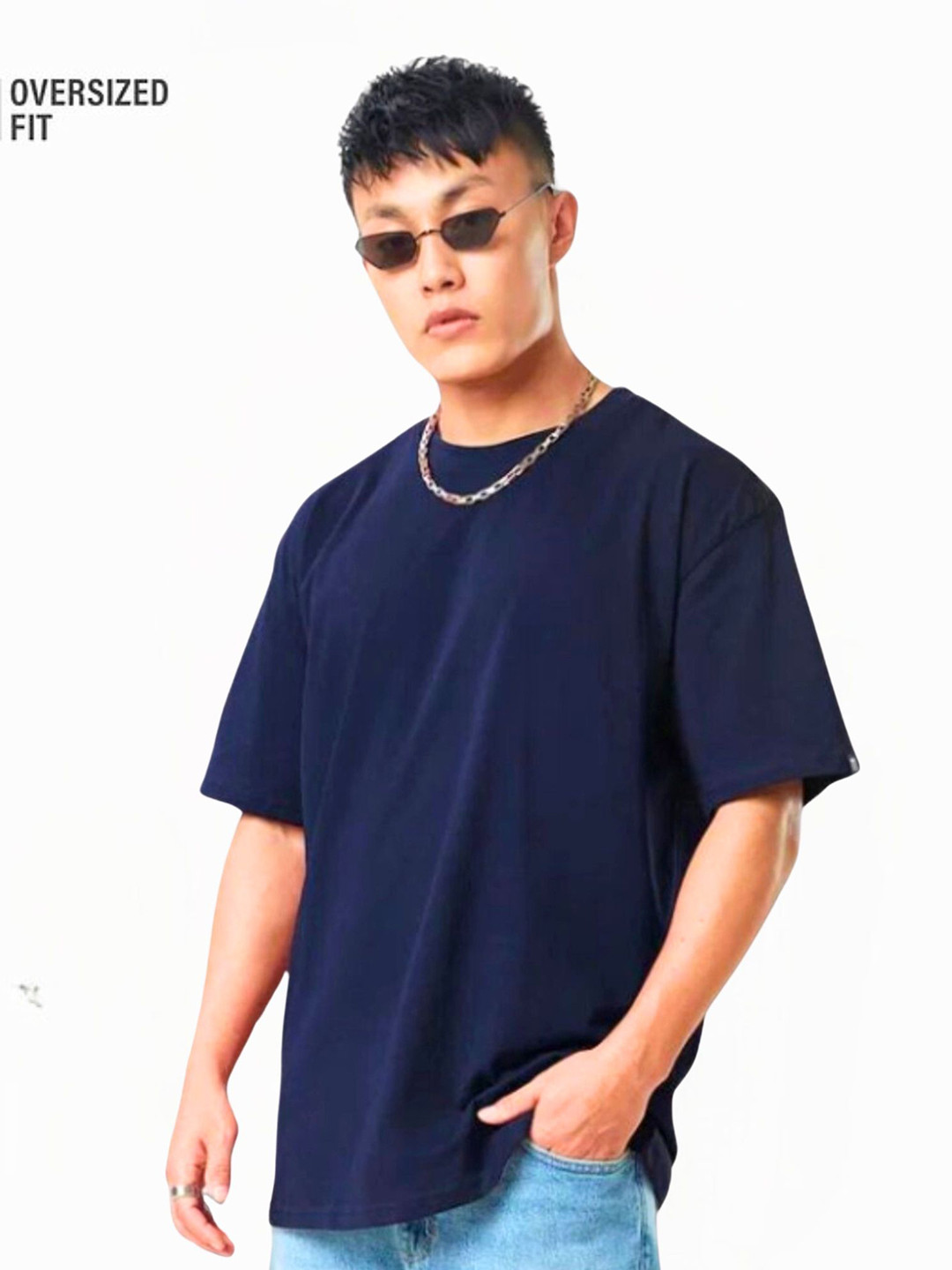 URBANICE Navy Blue Oversized Round Neck T-shirt