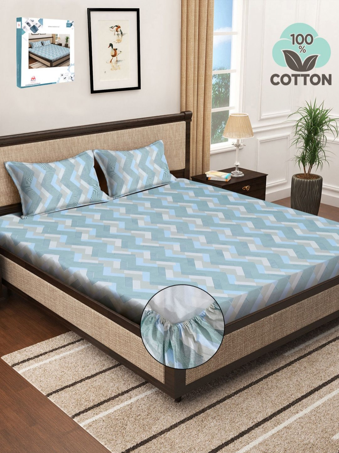 Myntra Elegant Homes Blue Chevron Pure Cotton 400 TC Fitted King Superfine Bedsheet with 2 Pillow Covers-98 x 89 inches