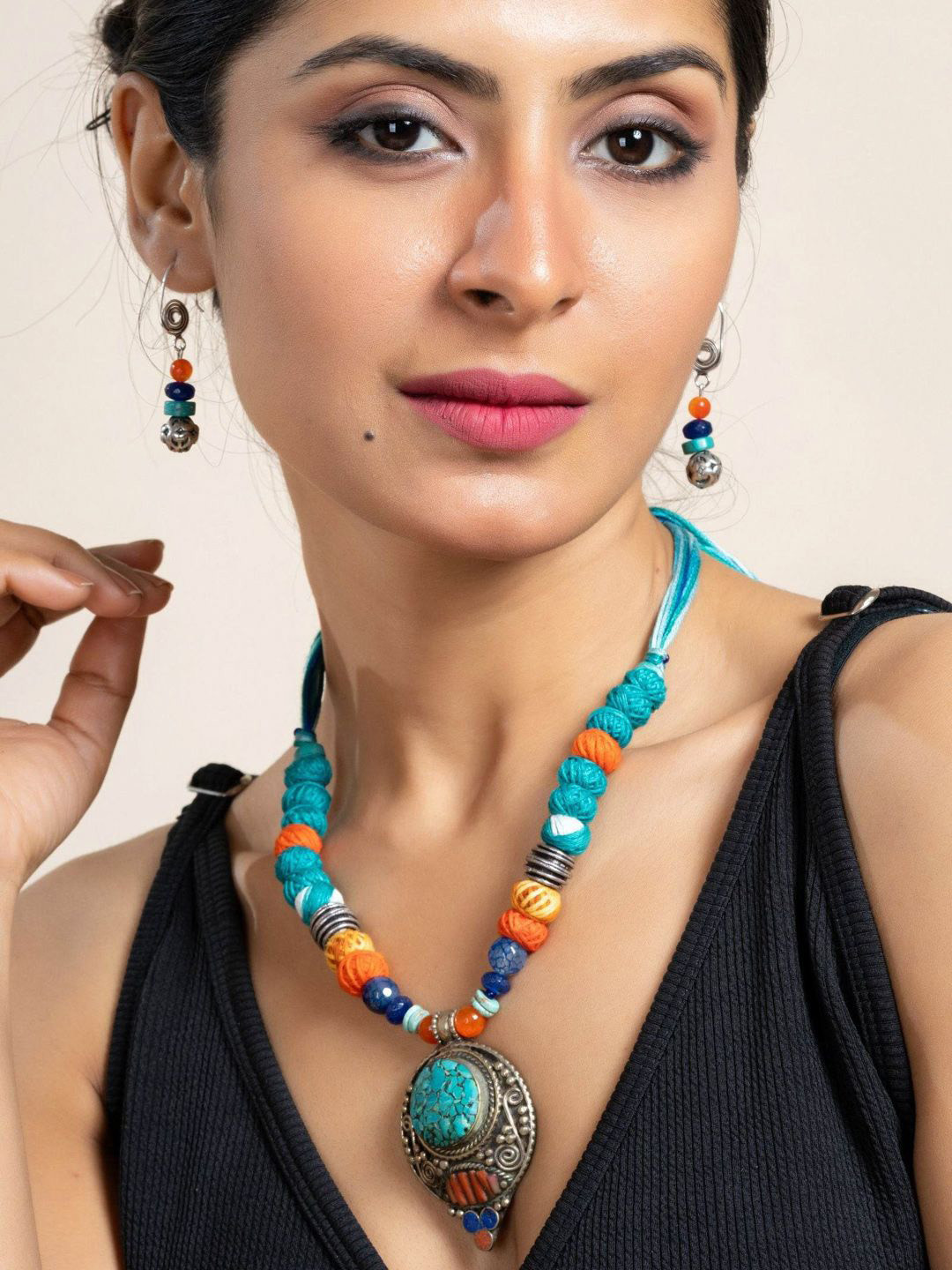 Look and Adorn Turquoise Tibetan Pendant Necklace Set with Earrings