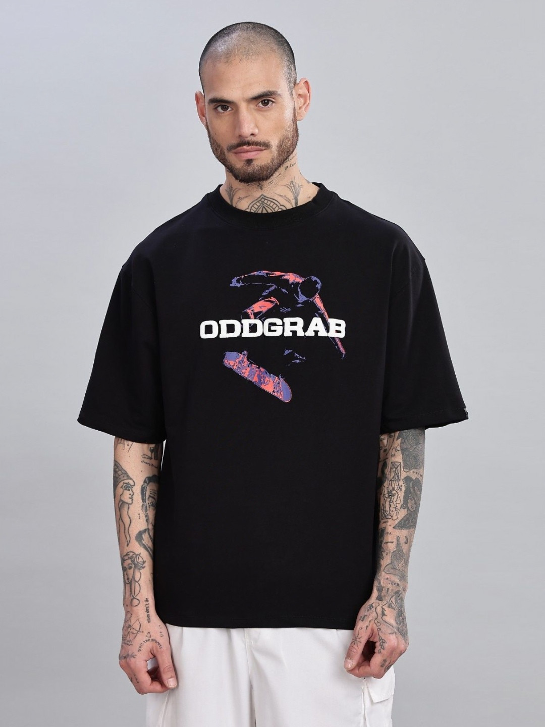 ODDGRAB Typography Printed Drop-Shoulder Sleeves Cotton T-shirt