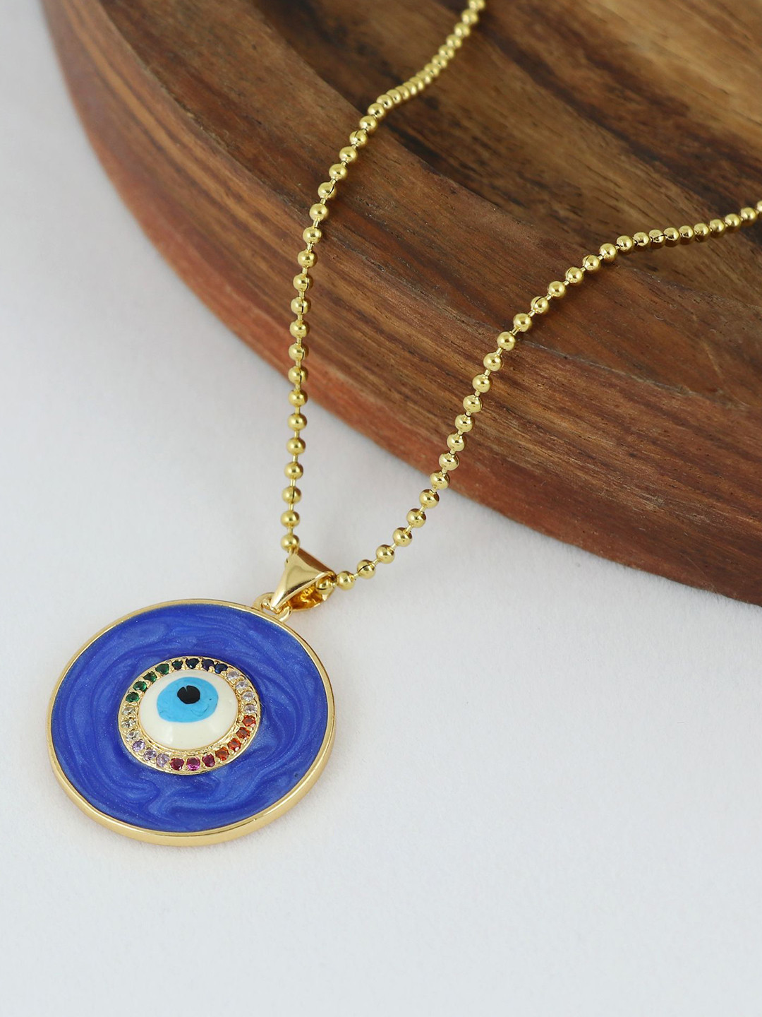 Asthetika Artificial Stones Studded Evil Eye Protection Circular Pendant & Chain