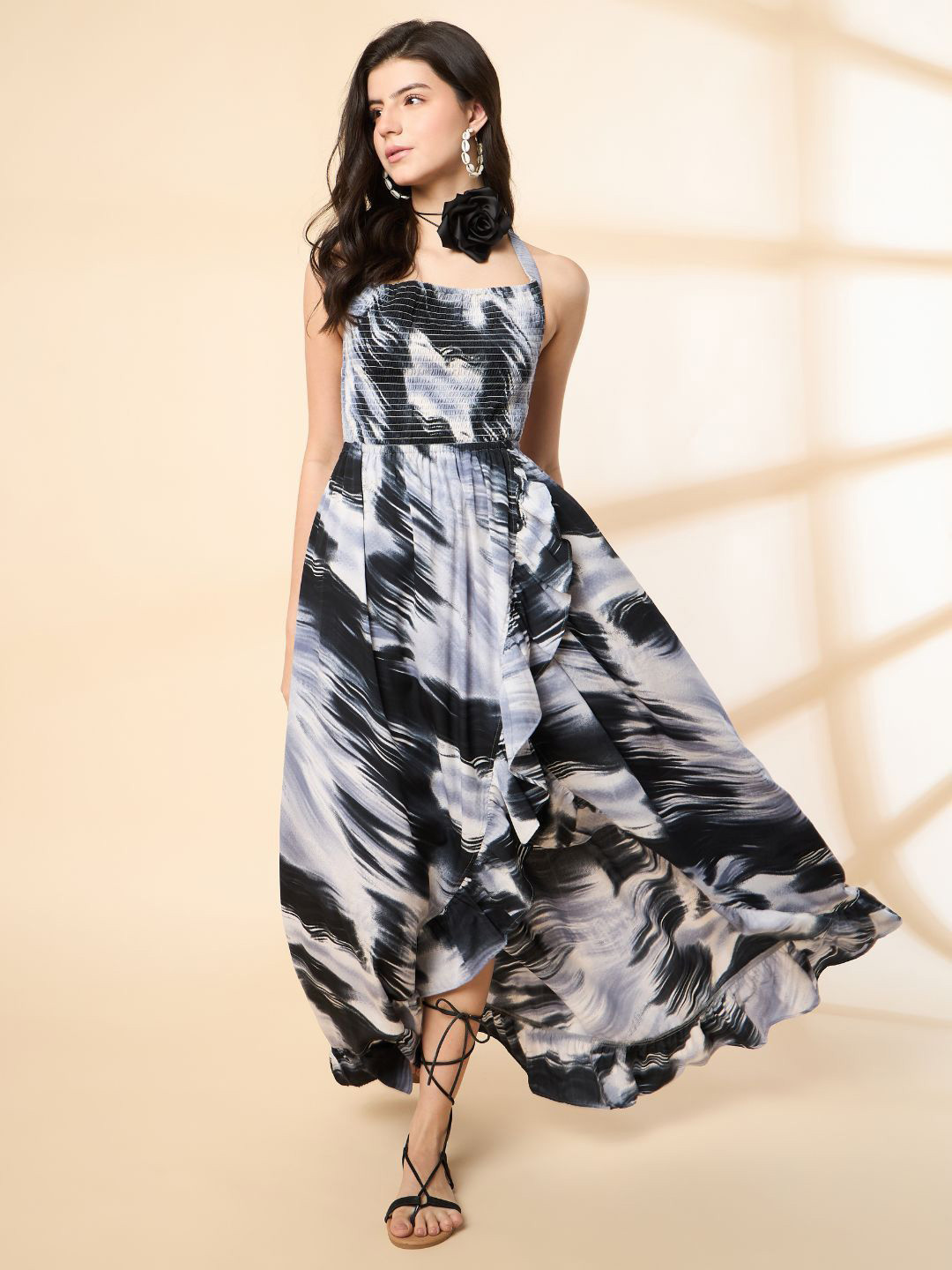Kiarabel Retail Women Abstract Print Halter Neck A-Line Maxi Dress