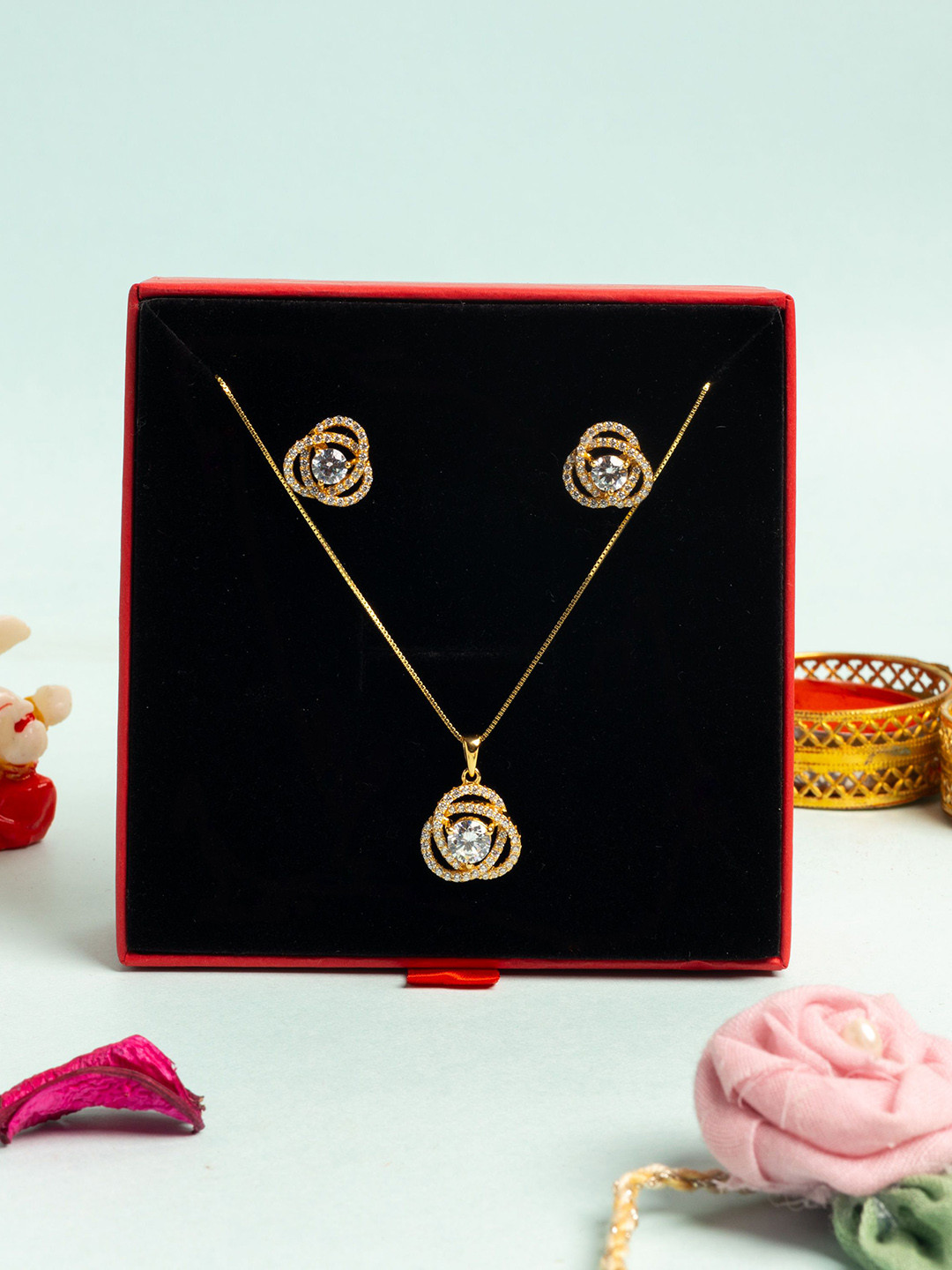 Twenty One Jewels Gold-Plated Intertwined Cluster Zircon Stone Studded Jewellery Set