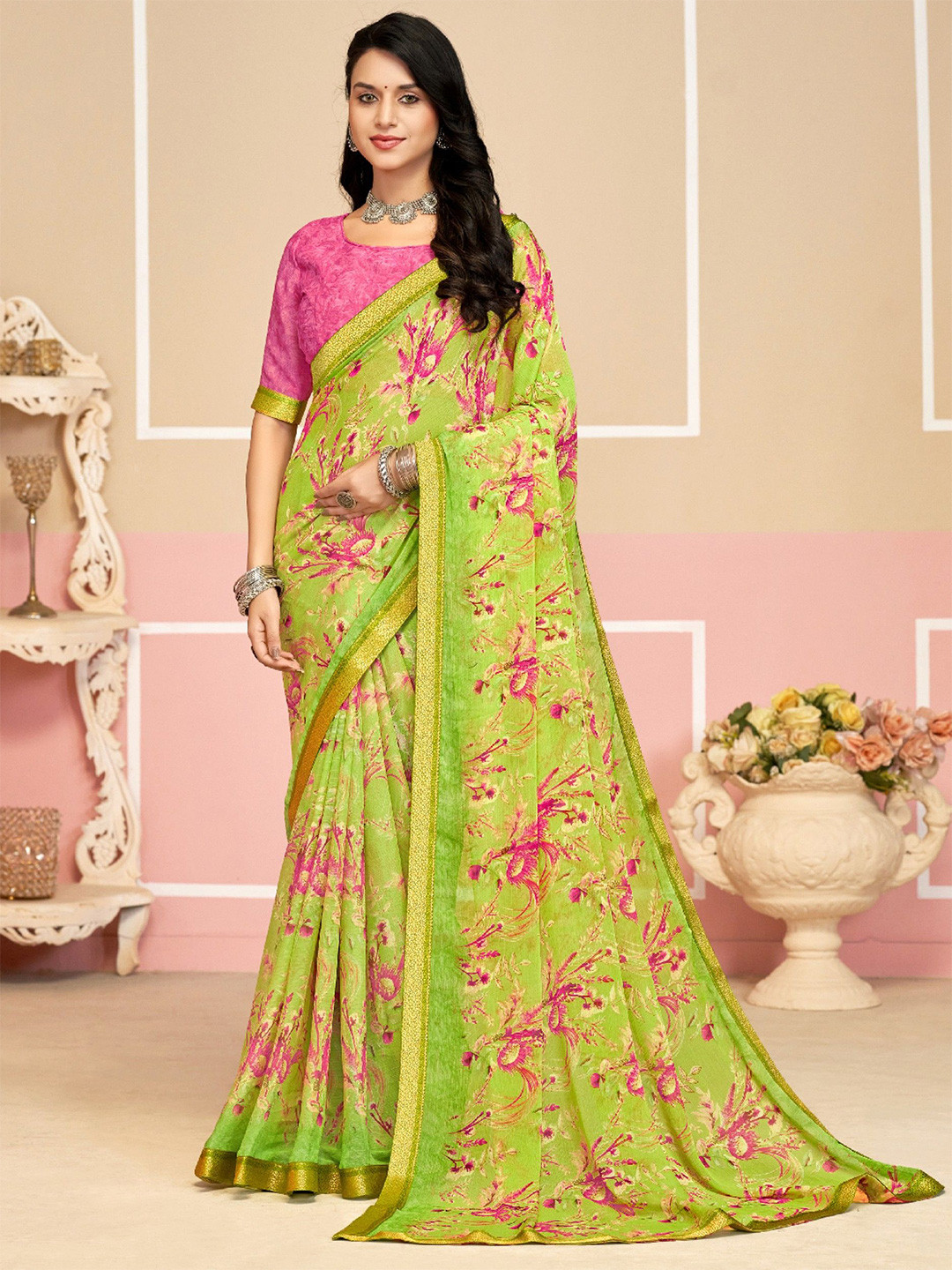 LeeliPeeri Designer Chiffon Floral Printed & Lace Work Saree With Unstitched Blouse Piece