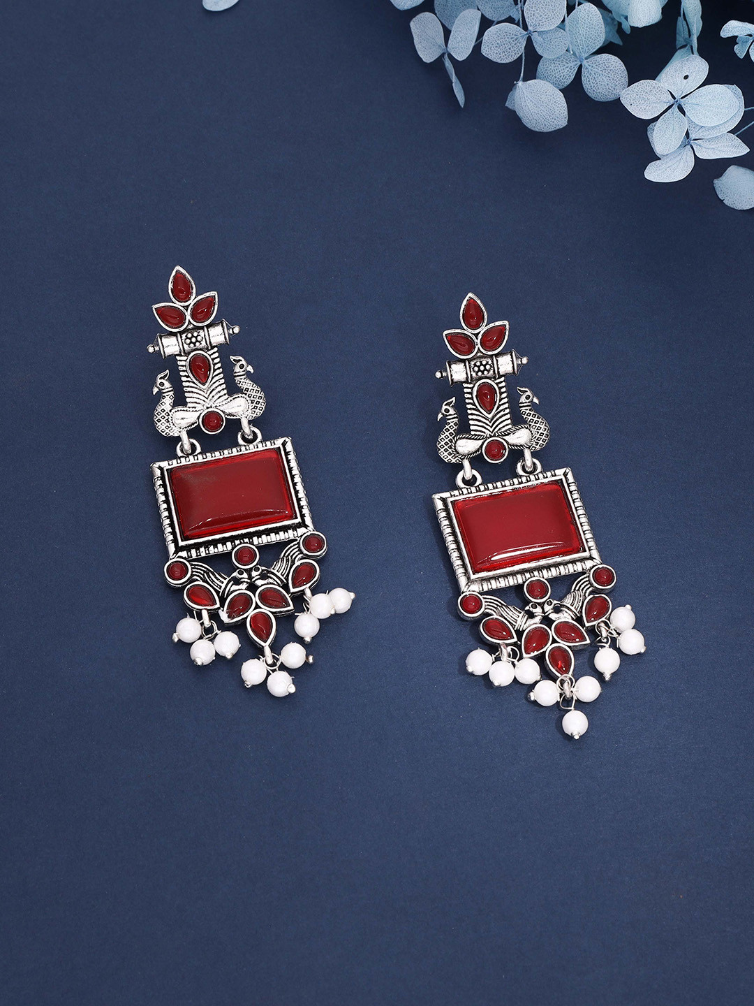 DIVASTRI Silver-Plated Oxidised Contemporary Shaped Pearls Drop Earrings