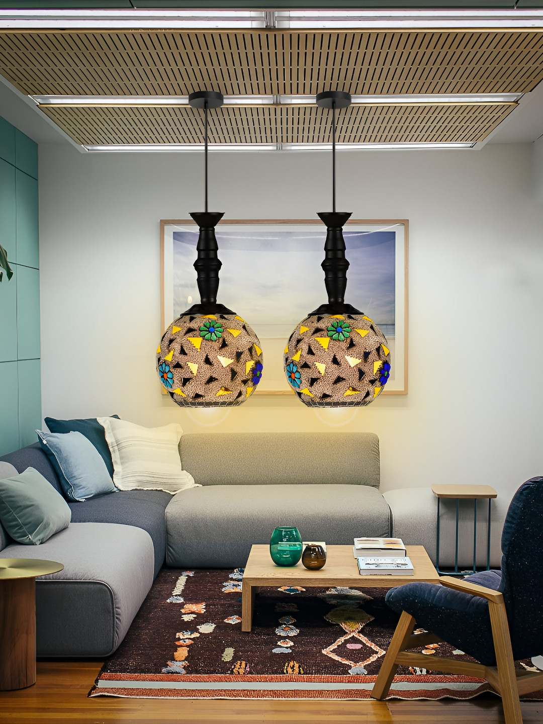 KINIS 2 Pcs Modern and Unique Style Black & Gold-Toned Glass Ceiling Lamps