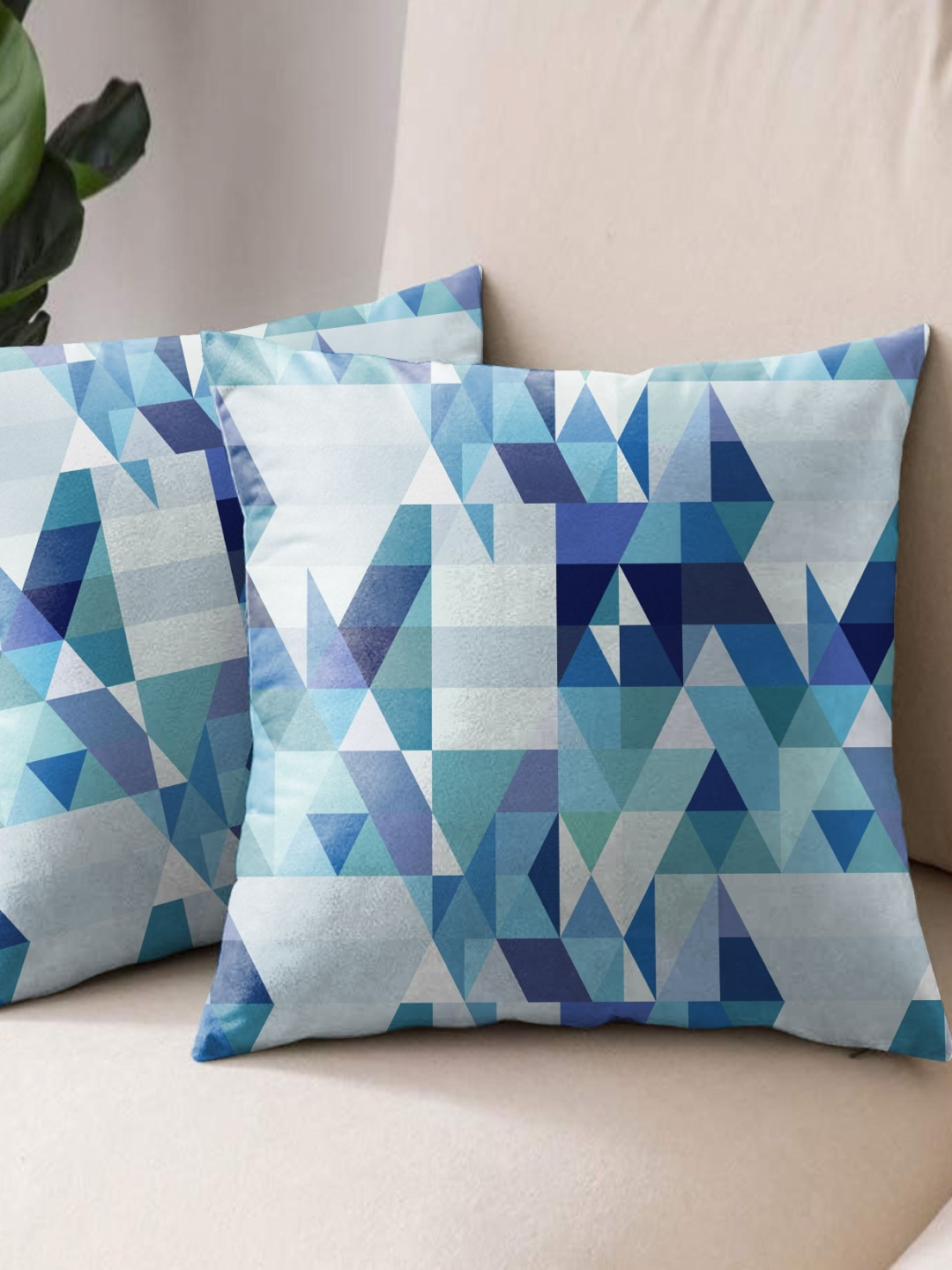 Aura Ruga Sky Blue Geometric Polyester Washable 2 Pcs Square Cushion Covers - 16 x 16 In