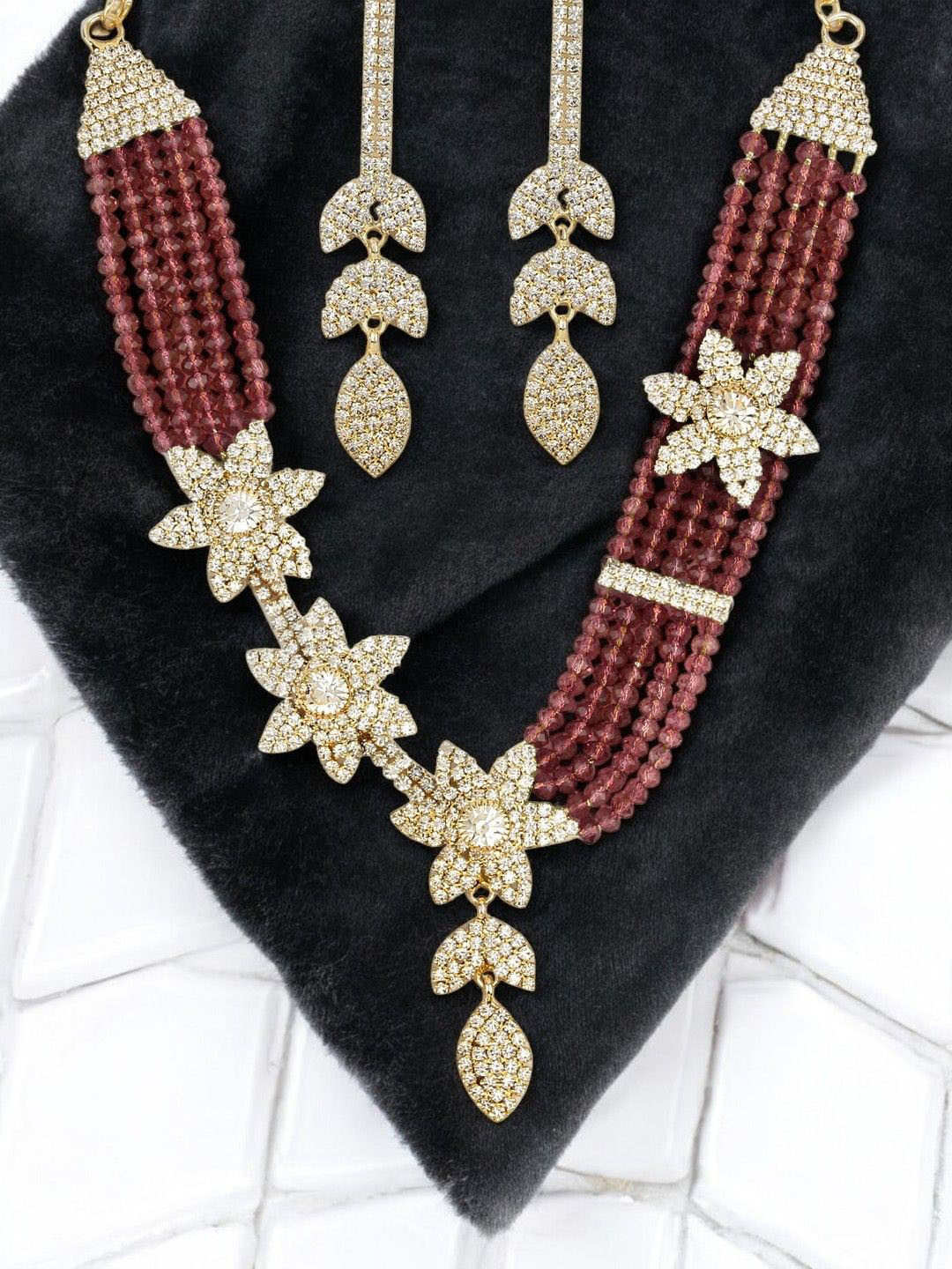 ANIKAS CREATION Gold-Plated Floral Multi Strings Beaded Jewellery Set